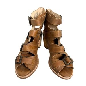 Brown Strappy Leather Block Heel Sandals